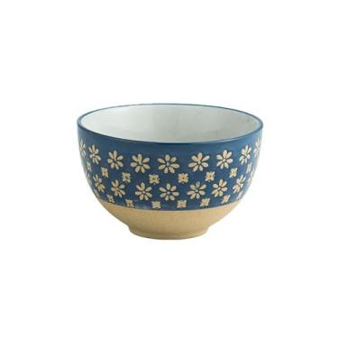 Imagem de Tigela de arroz vintage de argila grossa, tigela alta de relevo de estilo japonês - tigela de floco de neve azul de 11,4 cm