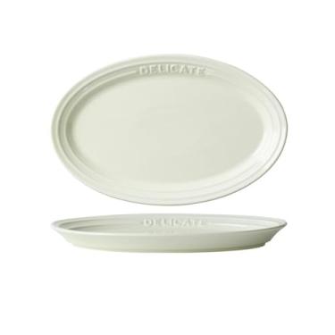 Imagem de Pratos de cerâmica de artesanato em relevo branco trufa, pratos simples, utensílios de mesa domésticos de cor sob o esmalte - prato oval de 30,5 cm