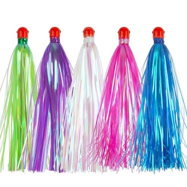Imagem de SILANON Mylar Flash Teaser Tails Fishing Bucktail Teasers Mylar Saias de pesca iscas pesadas Jig Heads 9,9 g Mylar Teaser Saias Trolling Iscas de água salgada para iscas Ballyhoo Strip, 5 peças