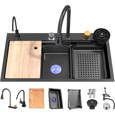 Imagem de Pia De Cozinha Em Cascata Preta, Pia Inteligente De Aço Inoxidável, Pia De Bar De Tigela única, Pia De Cozinha De Estação De Trabalho, Com Acessórios, Black, 75x45x22cm