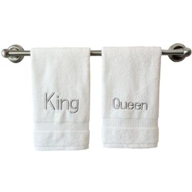 Imagem de Toalhas de mão brancas com monograma para banheiro - Toalha bordada inicial personalizada de qualidade de hotel de luxo para lavabo, spa - Certificado orgânico GOTS - Conjunto de 2 prata King & Queen
