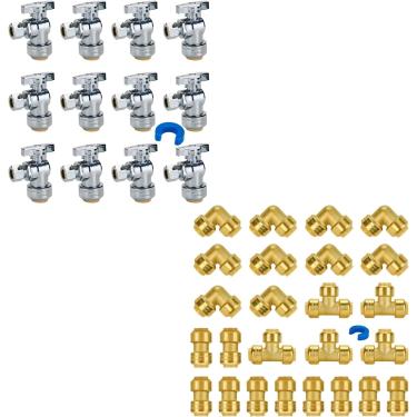 Imagem de Conjunto de acessórios de encanamento de pressão para conexão de latão de 1/2 polegada (49 peças): válvula de parada angular (12) acoplamento (10) cotovelo (10) T (5) compatível com PEX Copper CPVC