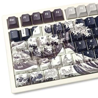 Imagem de Teclas Shine Through - Teclas PBT Double Shot 60 65 75 100 por cento, teclas de impressão lateral conjunto de 129 teclas personalizadas 129 teclas, Dye Sub Wave of Kanagawa teclas para teclados