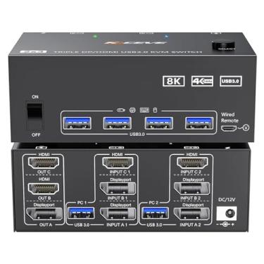 Imagem de HDMI Displayport KVM Switch 3 monitores, 2 computadores 8K @60Hz/4K @144Hz, interruptores USB3.0 KVM para 2 monitores triplos de compartilhamento de PC e mouse de teclado com adaptador de alimentação