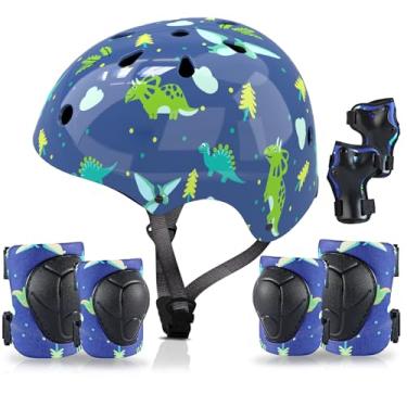 Imagem de Capacete infantil com joelheiras, cotoveleiras e protetores de pulso, equipamento de proteção infantil para meninos e meninas de 3 a 5 a 8 anos, adequado para patins, skate, scooter, bicicleta, skate