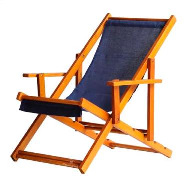 Imagem de Espreguiçadeira em Madeira Maciça para Piscina, Praia – Com Braço, Dobrável, Acabamento Envernizado (Azul Marinho)