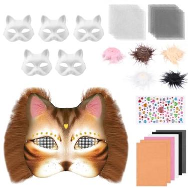 Imagem de DJAPWPX Kit de máscara de gato de papel, aumenta a diversão, kit de máscara faça você mesmo, estimula a criatividade de gato atraente para festas temáticas (marrom)