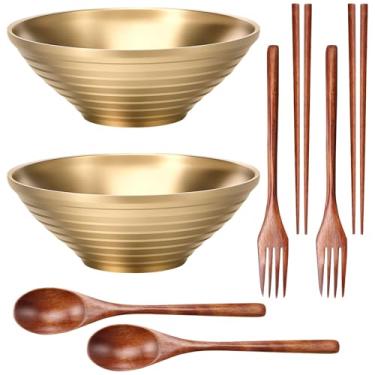 Imagem de Conjunto de 2 tigelas de ramen com pauzinhos, garfos e colheres, tigela de macarrão de aço inoxidável de 1050 ml, tigela de sopa de macarrão ramen, tigela de salada, para salada de sopa de macarrão