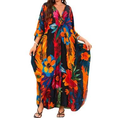 Imagem de Vestido Kaftan MAKABO feminino plus size com estampa floral colorida