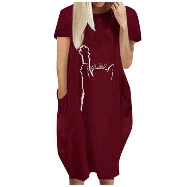 Imagem de Moda Feminina Loose Love Print O-neck Bolsos Casual Vestido de mangas 
