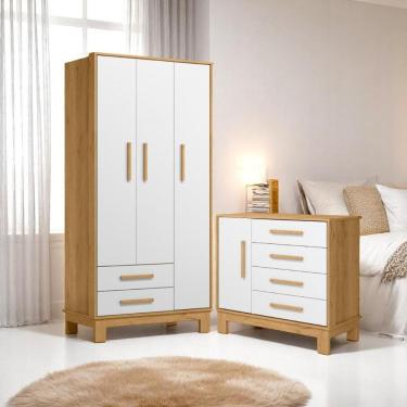 Imagem de Cômoda Sapateira 4G Q Encanto Slim Freijó/Branco Acetinado + Guarda-Roupa 3P/2G Q Encanto Slim