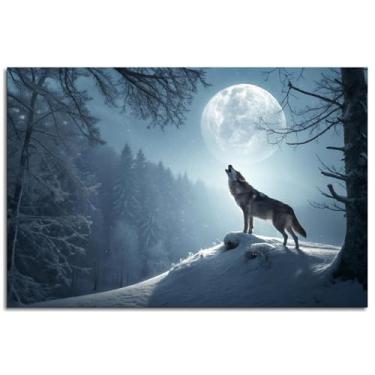 Imagem de Pôster Wolf Howling Night Canvas Prints Snowy Wall Art For Home 1 painéis Decorações Noframed 30.5 cm x 20.3 cm