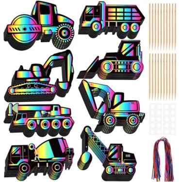 Imagem de LUUFILx 80 peças de raspadinhas coloridas arco-íris para veículos de construção, arte de raspar com caneta de madeira para festa de aniversário, sala de aula, atividades faça você mesmo