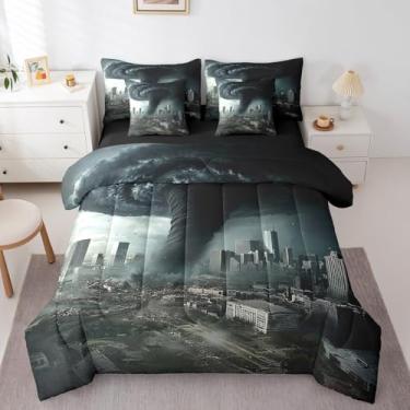 Imagem de Erosebridal Jogo de cama solteiro Tornado, construção moderna destruída para crianças, adolescentes e adultos, ruína do mundo (edredom + lençol de cima + 2 fronhas + 2 fronhas) conjunto de cama com 7