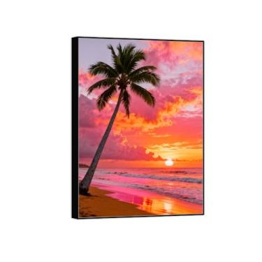 Imagem de Quadro preto arte de parede paisagem impressões em tela - palmeira mar rosa nuvens - pintura decorativa - imagens para quarto 90 x 125 cm 35 x 49 pol
