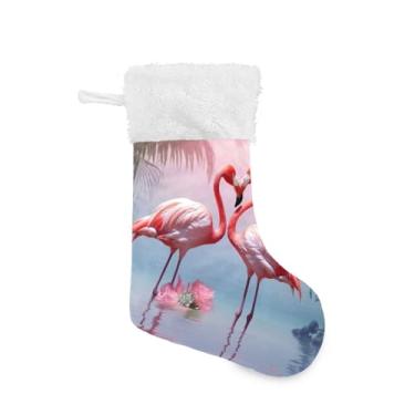 Imagem de ATTX Meias de Natal de flamingos rosa tropicais, suportes de presente brancos de pelúcia para decorações de festas de fim de ano (17,7 polegadas, 1 pacote) #49