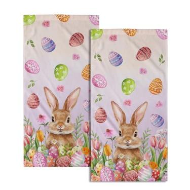 Imagem de Giwawa Conjunto de 2 toalhas de mão Spring Bunny decorativas de ovo de Páscoa toalha de banho macia absorvente com ponta dos dedos para cozinha, rosto, academia, hotel