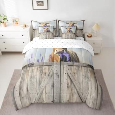 Imagem de Feelyou Conjunto de edredom fofo de vaca Highland com porta de celeiro de madeira, 7 peças, para crianças, adultos, fazenda, campo, edredom + lençóis + fronhas + capas de almofada