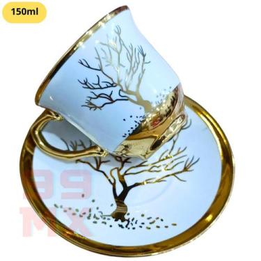 Imagem de Xícara e Pires 150ml de Porcelana com Arte Dourada  Estilo Clássico e 