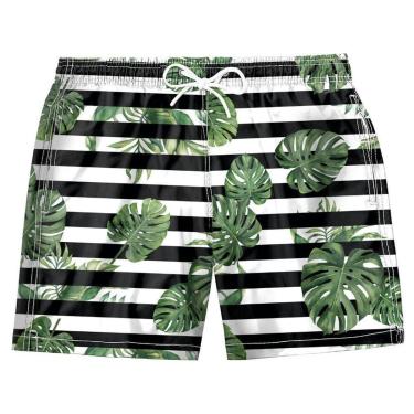 Imagem de Shorts Masculino Estampado Listrado Folhagem Verde Preto-Masculino