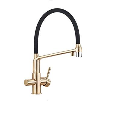 Imagem de Torneira de cozinha de filtro escovado ouro 360 giratório torneiras de água pura para cozinha preto pull down purificação torneira misturadora de água, ouro escovado, china