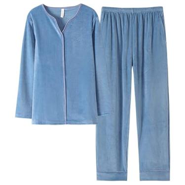 Imagem de LUBOSE Pijama feminino de lã, pijama de veludo, pijama elegante de flanela, vestido de lã quente, conjunto de pijama de veludo, conjunto de pijama macio de duas peças (G, azul)