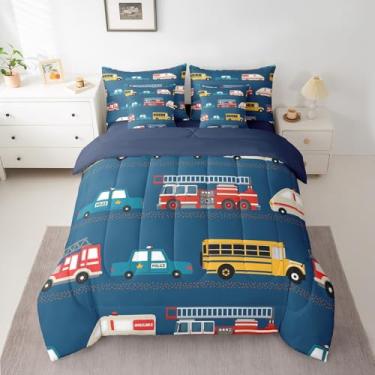 Imagem de Feelyou Conjunto de edredom infantil azul marinho, 7 peças, para meninos e meninas, carro de bombeiros, 1 edredom, 1 lençol com elástico, 1 lençol de cima, 2 fronhas, 2 fronhas