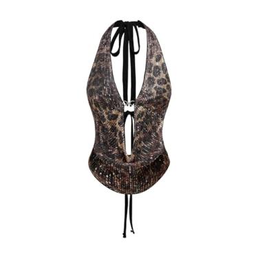 Imagem de Verdusa Women's Cheetah Print Sequin Top Y2K Tie Back Corset Halter Going Out Crop Tops Plus Brown XX-Large Plus