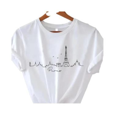 Imagem de Camiseta Feminina Casual Com Estampa De Paris, Manga Curta E Gola Redo