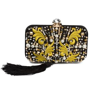 Imagem de Bolsas Femininas Bordadas Vintage Bolsa Clutch Pérolas Bolsas Borla Bolsa Bolsa Corrente Bolsas, Preto, M