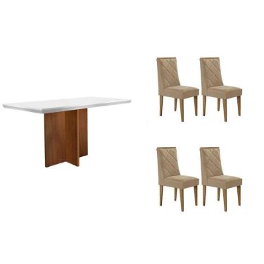Imagem de Conjunto Sala de Jantar Berlim c/ Tampo Madeirado c/ Vidro Canto Curvo 120x80cm e 4 Cadeiras Pietá Madeira Maciça Naturale/Off White - Capuccino/Suede