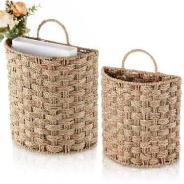 Imagem de Chunful 2 cestas de vime penduradas com algas marinhas, cestas decorativas de vime natural, organizador de armazenamento de tecido feito à mão para decoração de parede de casamento, jardim e casa