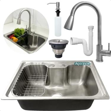 Imagem de Dona D Cor, Kit Cozinha Gourmet Cuba Inox 304 60x42 Com Torneira Monocomando Porta Detergente 500ml Valvula E Sifão Flexivel Universal Kit Pia Cozinha 5 Peças