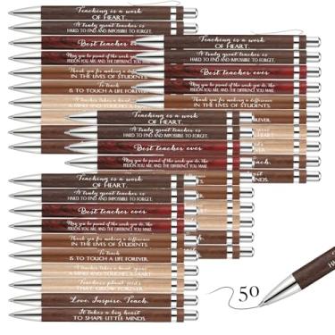 Imagem de Kosiz 50 canetas de presente para professores, caneta de apreciação de professores, caneta esferográfica retrátil de bambu com citação inspiradora, presentes de agradecimento para formatura, mulheres