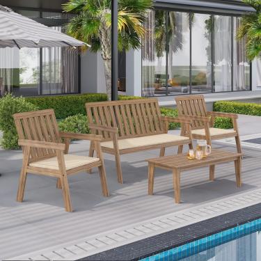 Imagem de Conjunto para Jardim 4 Peças 3 Poltronas 1 Mesa de Centro Família de Madeira Eucalipto Yescasa