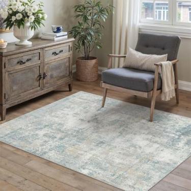 Imagem de WondRg Tapete lavável 3x4 azul creme abstrato entrada escritório tapete neutro moderno antiderrapante macio baixo tapete pequeno para cozinha, sala de estar, quarto, entrada