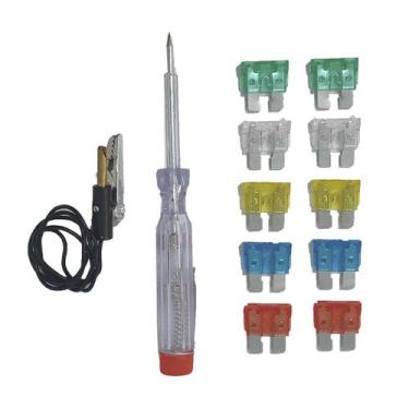 Imagem de Kit Caneta Chave Testadora Automotiva Com Cabo + 10 Fusíveis 10A 15A 2