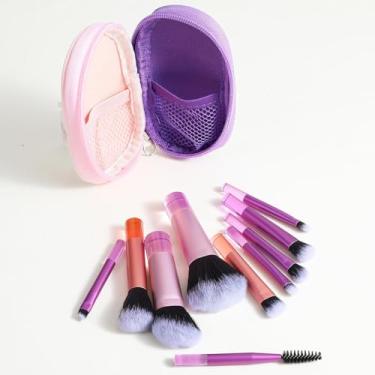 Imagem de Conjunto de 10 pincéis de maquiagem para viagem, mini pincéis de maquiagem com pacote, portátil, sombra, base, corretivo, blush, presente para mulheres e meninas em movimento (preto, rosa, roxo) (rosa