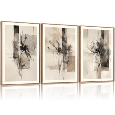Imagem de FWIEXA Conjunto 3 de arte de parede em tela floral preta bege, impressões florais abstratas neutras, pinturas de linha geométrica de pinceladas, 61 x 91 cm, pôster de arte em aquarela para fazenda