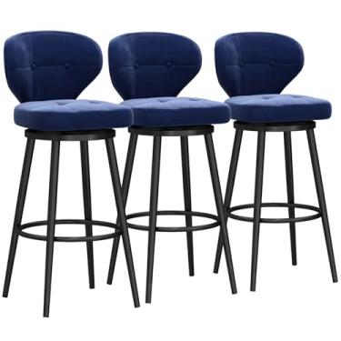 Imagem de Banquetas de bar estofadas giratórias de veludo com apoio para os pés de metal, bancos de bar com altura giratória conjunto de 3, bancos de balcão com encosto, cadeira de bar moderna para ilha de