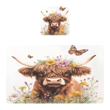 Imagem de Burbuja Jogo americano conjunto de 2, tapetes de mesa de cozinha de vaca com flores, borboleta, PVC, antiderrapante, resistente ao calor, à prova d'água, para mesa de jantar, lavável, 30 x 45 cm
