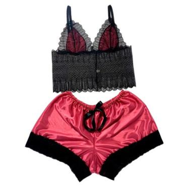 Imagem de Baby Doll Renda Cetim Conjunto Lingerie Pijama Top Shorts - Magic Fant