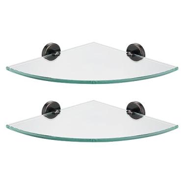 Imagem de JQK Prateleira de vidro de canto, banheiro bronze polido a óleo 304 aço inoxidável chuveiro triângulo prateleira de parede flutuante, vidro temperado 10 x 10, pacote com 2, TGS190L10-ORB-P2