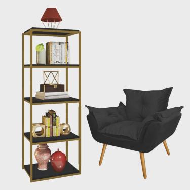 Imagem de Kit Poltrona Fatte com Estante Livreiro Ferro Dourado mdf Preto Suede Preto - Ahazzo Móveis