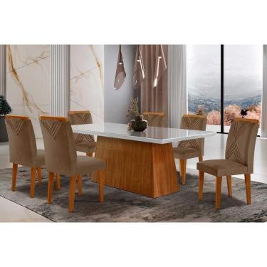 Imagem de Sala De Jantar Completa Luna Tampo Madeirado C- Vidro Reto 180x90 E 6 Cadeiras Amsterdã Imbuia - Veludo Capuccino - Rufato