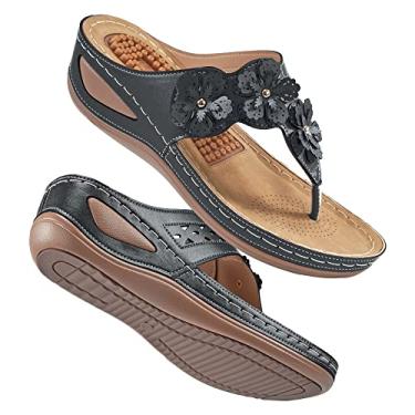 Imagem de Atoshopce Sandálias de cunha para mulheres: gancho ajustável laço casual flor verão sandálias femininas almofada confortável chinelos femininos, Preto, 5