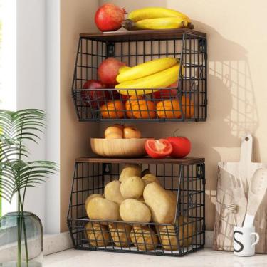 Imagem de Cesta de frutas Mefrit Kitchen Storage com tampa de madeira, 2 peças 3
