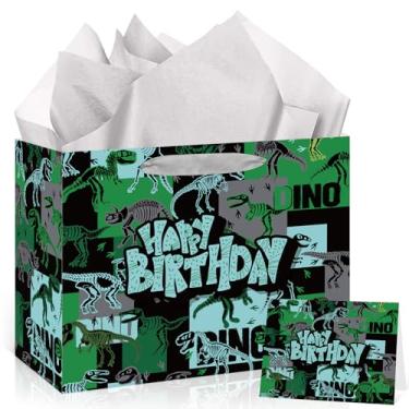 Imagem de Bolsa grande de presente de aniversário de dinossauro para meninos, adolescentes, preto, verde, dinossauro, presente de feliz aniversário, com alças, papel de embrulho e cartão de felicitações para