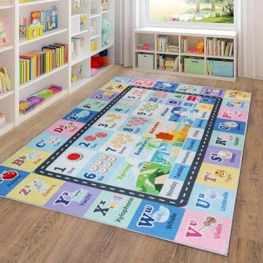 Imagem de Tapete ABC infantil para sala de jogos, sala de aula, tapete de área do alfabeto, tapete lavável para quarto de bebê, sala de jogos, quarto, chão, berçário (azul, 1,8 x 2,5 m)