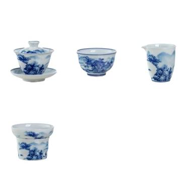 Imagem de Conjunto de chá pintado à mão com paisagem de alta temperatura sob esmalte azul e branco porcelana Kung Fu chá três talentos tigela de cobertura -11 peças
